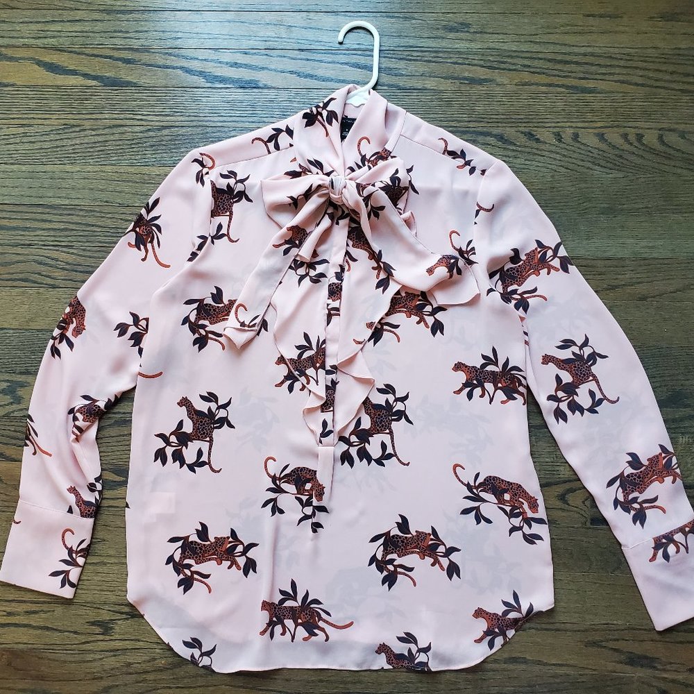 Ann Taylor Bow Neck Frill Top Shirt Blouse Pink